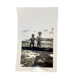 Vtg Children Playing Summertime Monochrome Photography Found Snapshot Portrait